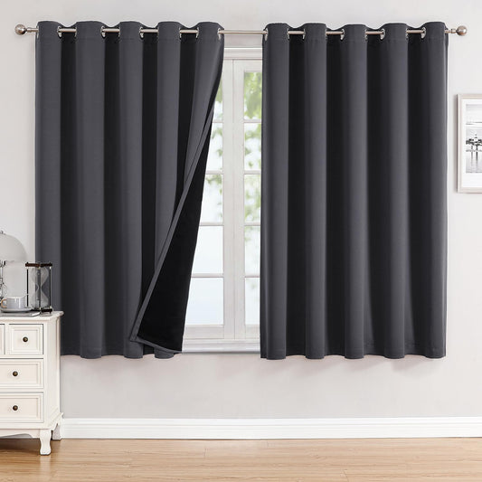 ChrisDowa 100% Blackout Curtains 63 inch Long for Bedroom with Black Liner, Extra Wide 2 Thick Layers Total Blackout Thermal Insulated Grommet Window Curtains 2 Panels Set (Dark Grey, 60 x 63 Inch)