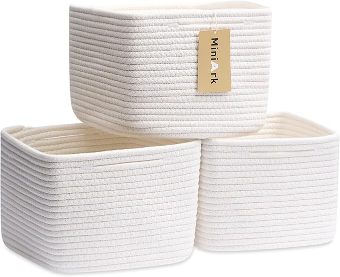 Small Organizing Baskets for Cubes Shelf, 9.7x9.7x7.1 Inch Rope Woven Storage Bins for Nursery Shelves Storage, Cute Toy Basket, Square 3 Packs Off White