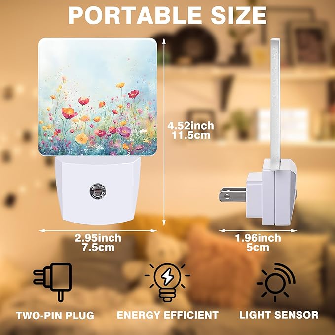 Night Light Watercolor Wildflower Field Night Lights Plug into Wall Smart Dusk to Dawn Sensor 0.5W Energy Efficient Led Lamp for Men Women Bedroom Bathroom Hallway Stairway Decor