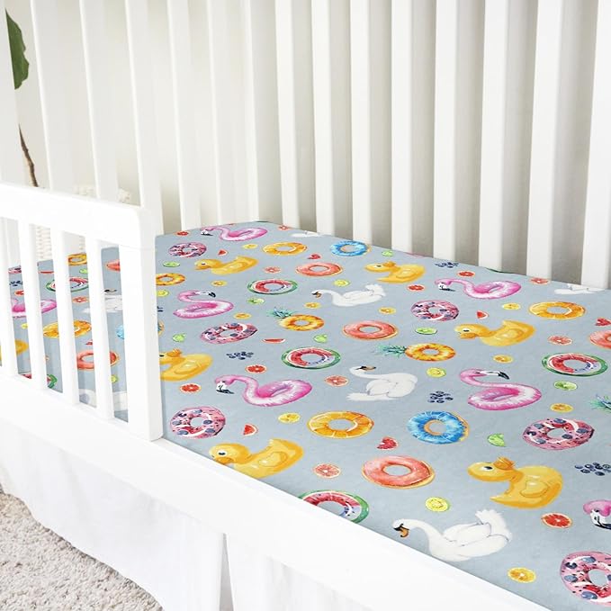 Summer Pool Floats Baby Crib Sheet 52''x28'' Tropical Flamingo Duck Watermelon Pineapple Stretchy Fitted Crib Mattress Cover for Boy Girl Soft Baby Bed Sheet for Standard Crib and Toddler Mattress