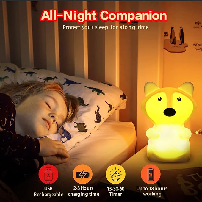 WHA&DARREN Large Fox Night Light for Kids,Cute Baby Night Light, Silicone Bedside Lamp,Sleep LED Lights Desk Light, Eye Caring, Adjustable Brightness & Color, Time Setting