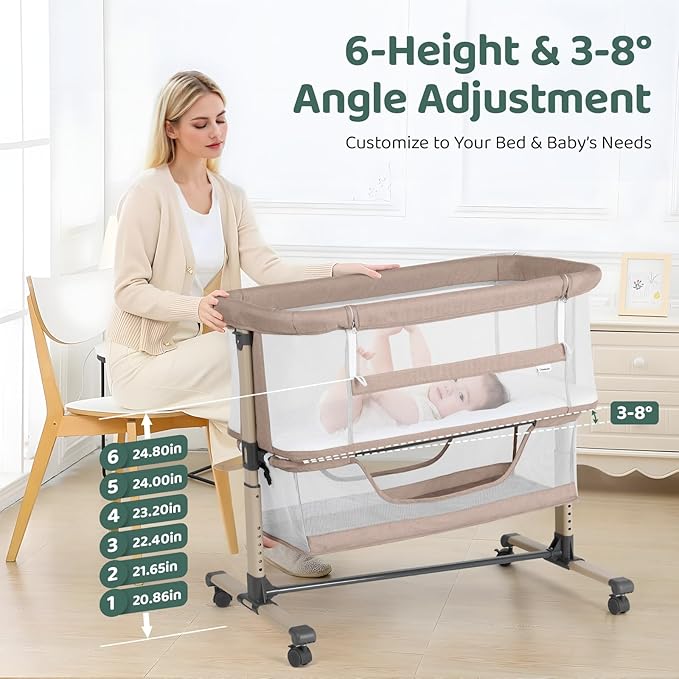 Cowiewie Bassinet Bedside Sleeper, Portable, Breathable, Adjustable Baby Bedside Bassinet for Peaceful Nights, Beige