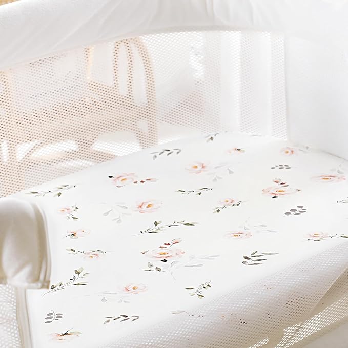 GRSSDER Ultra Soft Bassinet Sheets 2 Pack, Stretchy Breathable Knit Bassinet Mattress Sheets for Baby, Universal Fitted Baby Cradle Moses Basket Oval Rectangle Pads Safe and Snug, Stylish Flora