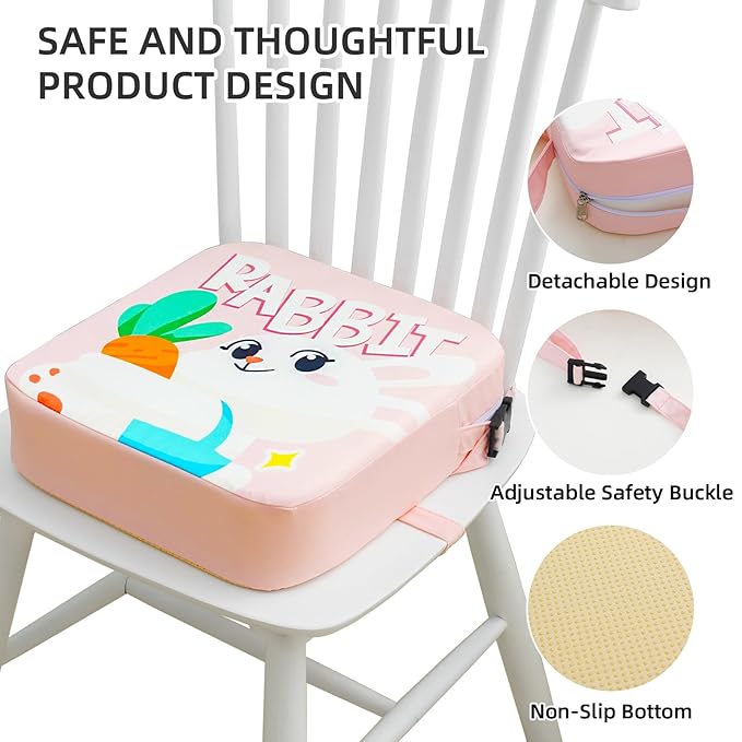 Toddler Booster Seat for Dining Table, Portable Kids Booster Seat with Safety Buckles Portable Increasing Booster Cushion with Non-Slip Bottom (Pink Rabbit)