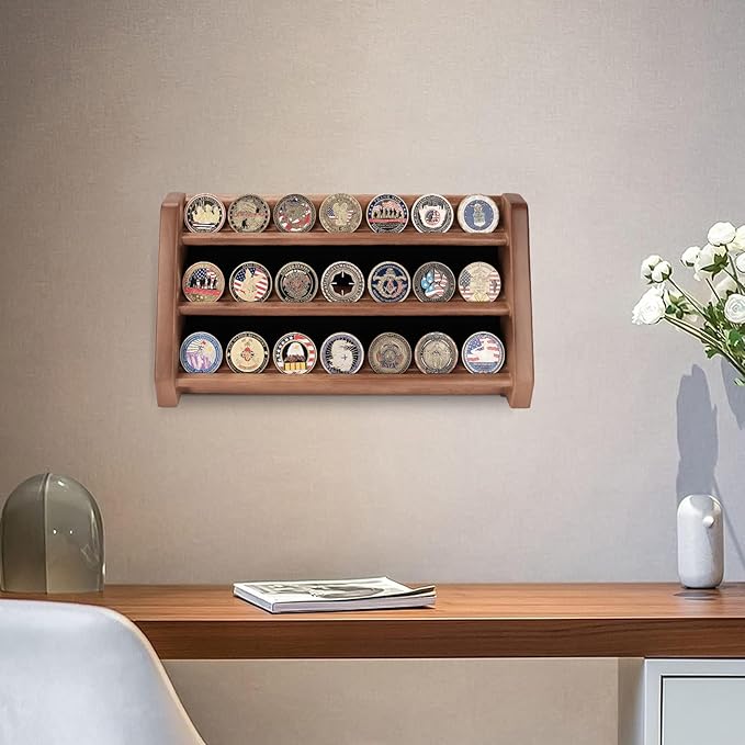 3 Rows Solid Wood Military Challenge Coin Holder Display - Holds 21-24 Coins, Army Coin Rack Display Case Stand for Wall Mount or Tabletop, Walnut