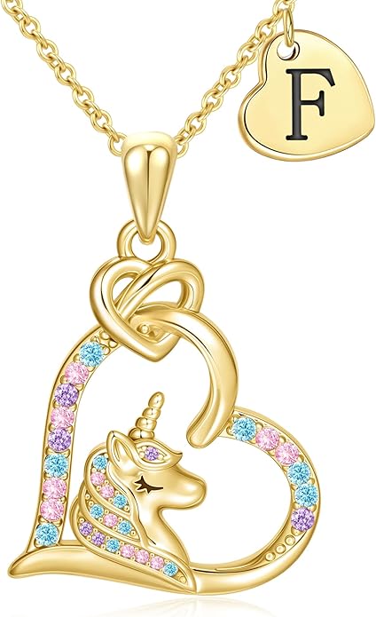 C-leen Unicorn Necklaces Gifts for Girls, 14K Gold Plated Colorful CZ Heart Initial Pendant Unicorn Necklaces for Girls Teens Jewelry Birthday Gifts