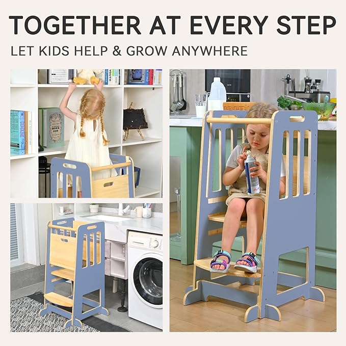 WINGYZ Toddler Kitchen Stool – Adjustable Helper Tower for Kids with Safety Rail, Wooden Standing Step-Up Stool, Sliding Door & Stable Base, Light Blue
