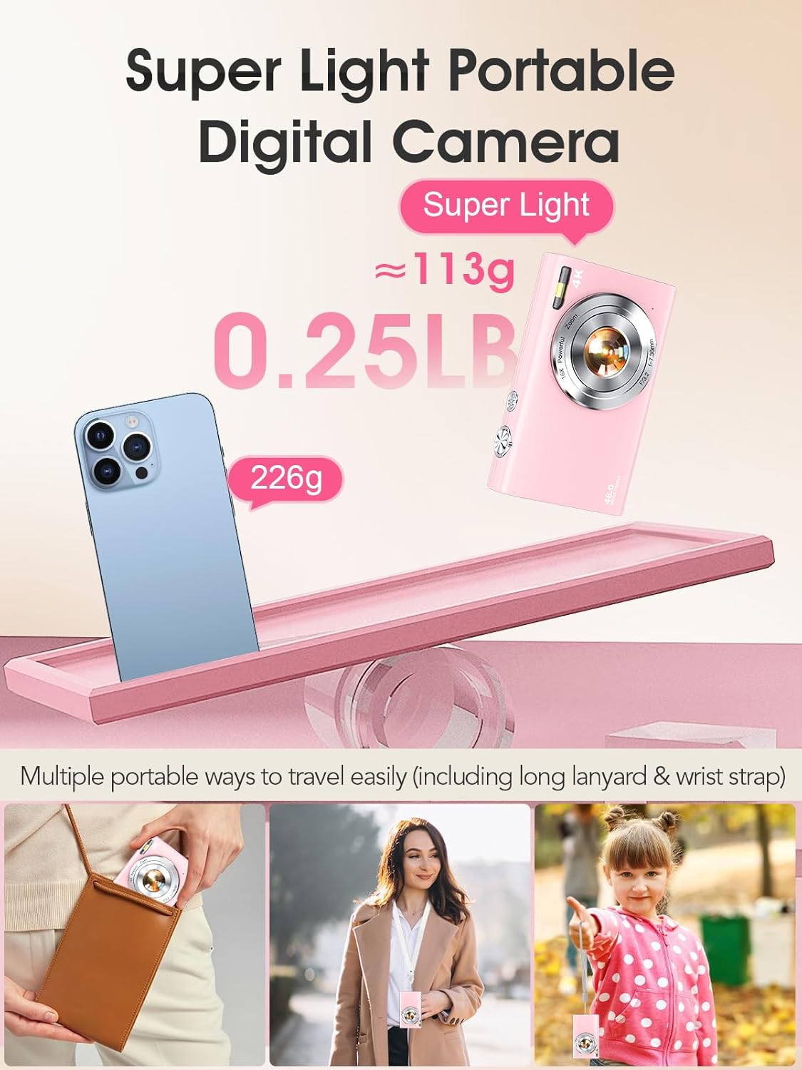Digital Camera,Autofocus 4K Vlogging Camera for Photography with 32GB Card,48MP Portable Compact Point and Shoot Digital Camera for Teens Adult Beginner with 16X Zoom,Anti-Shake,2 Batteries(Pink)