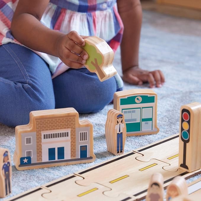 Kaplan Early Learning Community Block Set - 20 Pieces, Wooden Town Building Blocks for Dramatic Play and Storytelling, Includes School, Hospital, Bakery, Vehicles, and More for Toddlers, Ages 2+