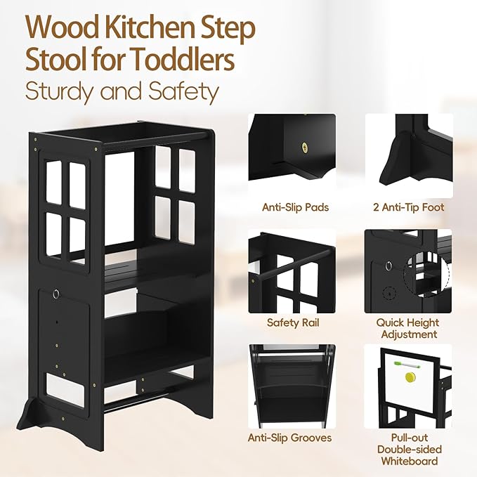 4 in 1 Kitchen Step Stool Helper for Toddlers, Adjustable-Height Toddler Learning Standing Tower with Double-Sided Whiteboard, Non-Skid Feet Kids Step Stools for Kitchen Counter Bathroom Sink