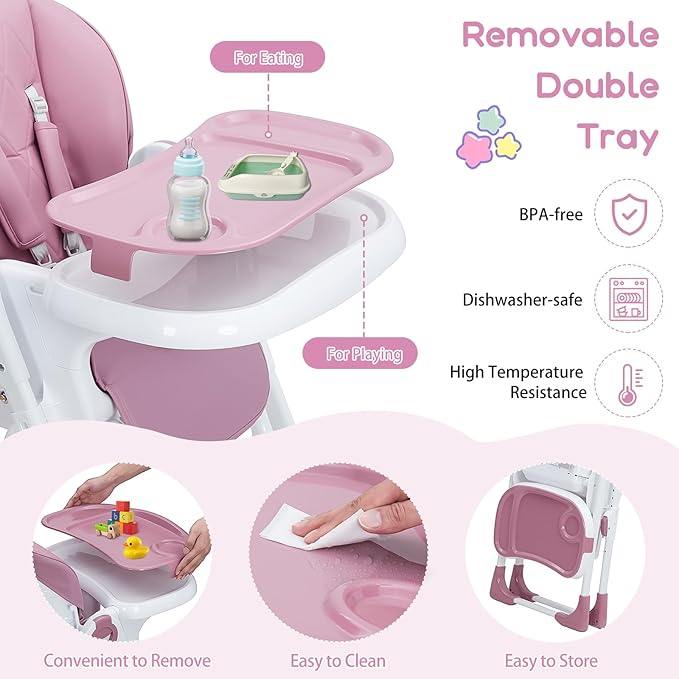GAOMON Baby High Chair, Multifunctional Infant Highchairs with Adjustable Height and Recline, Foldable High Chair for Babies & Toddlers, High Chair with Removable Tray Easy Clean (Lilac)