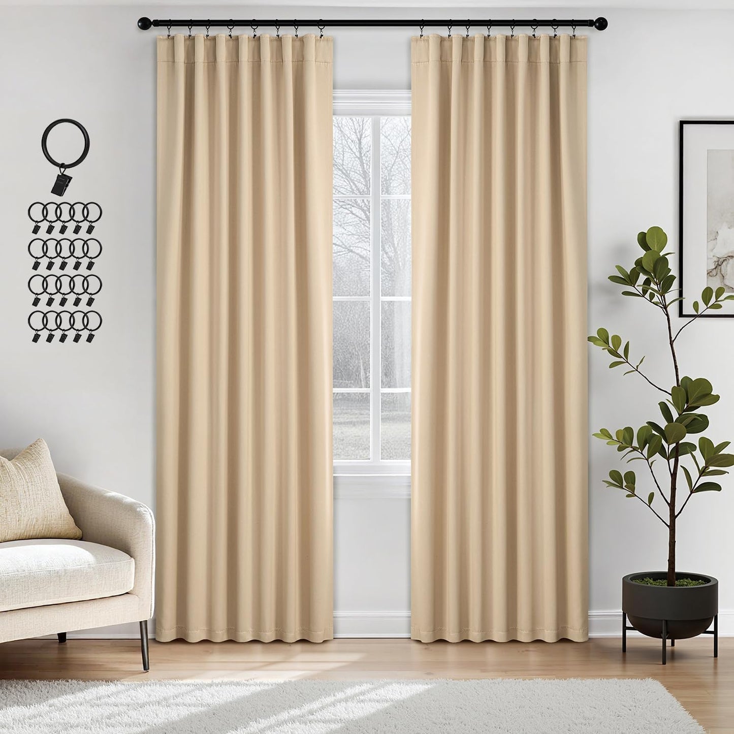 ANRODUO Back Tab Blackout Curtains for Bedroom Living Room, Rod Pocket Pinch Pleated Thermal Insulated Room Darkening Curtains 84 Inches Long 2 Panels, Beige, 42 x 84 Inch