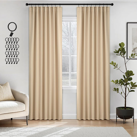 ANRODUO Back Tab Blackout Curtains for Bedroom Living Room, Rod Pocket Pinch Pleated Thermal Insulated Room Darkening Curtains 90 Inches Long 2 Panels, Beige, 42 x 90 Inch