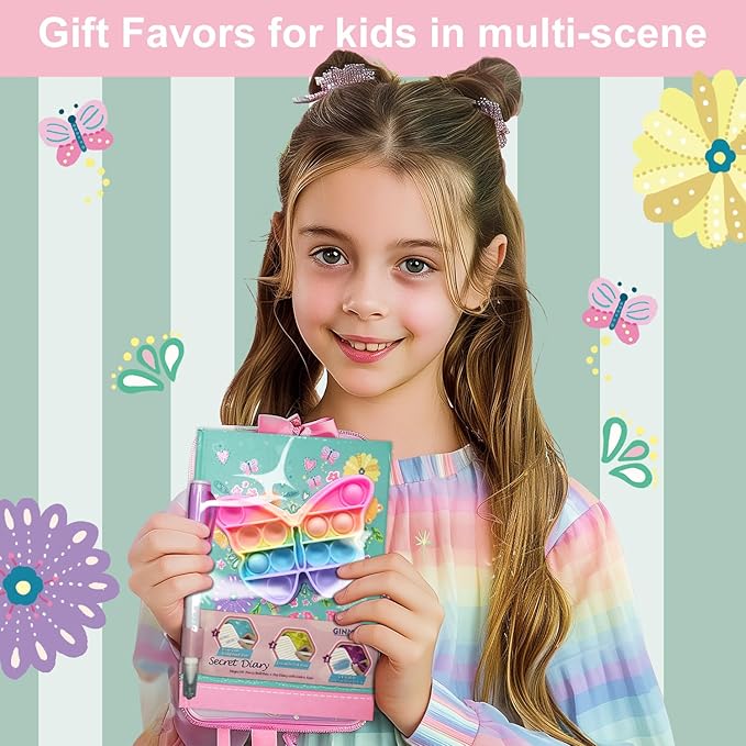 Pop Girls Diary with Lock and Invisible Ink Double-end Pen, 7.5x5.4 Inch 160 Lined Page Fidget Butterfly Girl Journal for Kids Secret Notebook Pen Set Birthday Gifts for Girls 5 6 7 8 9 10 Years Old