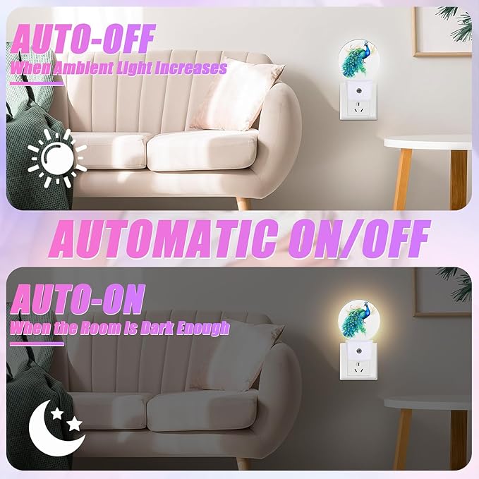 Watercolor Peacock Night Light Feather Night Lights LED Lamp Round Plug into Wall Nightlight with Dusk to Dawn Sensor Home Hallway Stairway Kitchen Decor