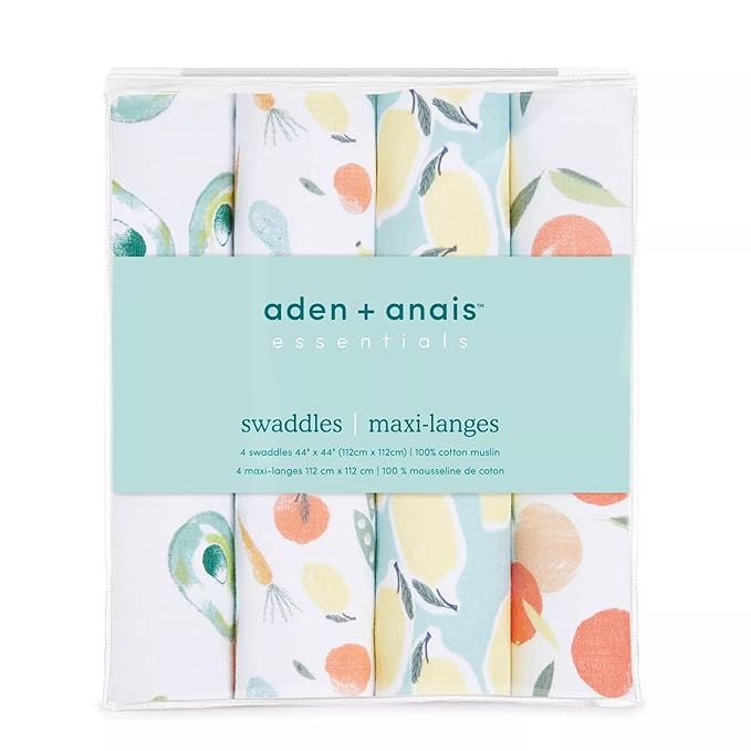 aden + anais Essentials Muslin Swaddle Blankets, Newborn Receiving Blanket for Swaddling, 100% Cotton Baby Swaddle Wrap, 4 Pack, Farm to Table
