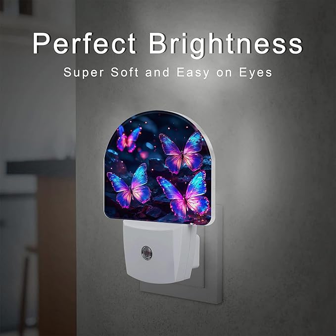 Glowing Purple Butterflies Night Light Plug into Wall, Neon Butterfly Dusk to Dawn Night Light Plug in,0.5w Energy Saving Sleep Friendly NightLight for Kids Boys Girls Home Decor