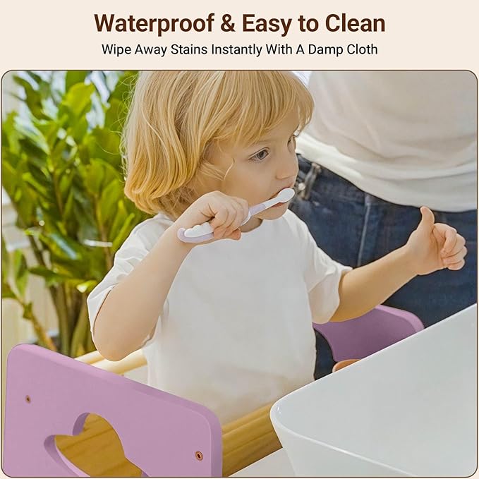 COSYLAND Toddler Standing Tower Adjustable Height - Super Stable Kids Kitchen Stool Helper - 3 Levels Adjustable Wooden Toddler Kitchen Stool (Natural & Pink)