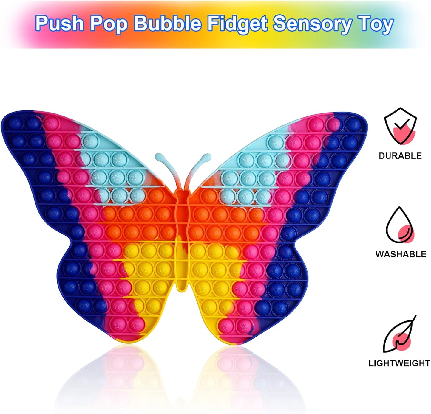 Pop Fidget Sensory Toys, Big Size Jumbo Butterfly Pop Toys 188 Bubbles Push it Bubble Toy Cute Colourful Game Anxiety Stress Reliever Silicone Squeeze toy Pop Sound for Girls Kids Adults Gifts-Blue