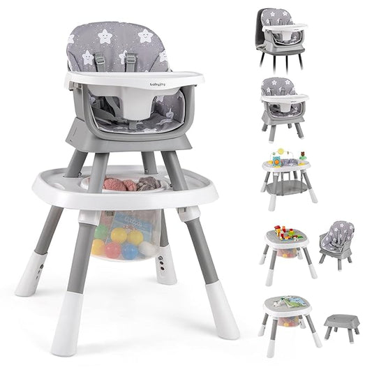 BABY JOY 16 in 1 High Chair, Convertible Baby Highchair for Babies and Toddlers with Activity Center, Booster Seat, Building Block Table, Toddler Chair with Safety Harness, Removable Tray (Gray)