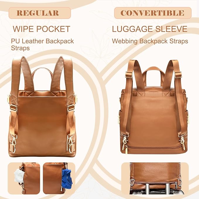 miss fong Diaper Bag Backpack Baby Diaper Bag, Large Leather Diaper Bag Backpack with Changing Pad,Pañaleras Para Bebe for Moms, Stroller Straps, and 2 Insulated Pockets(Convertible, Brown)