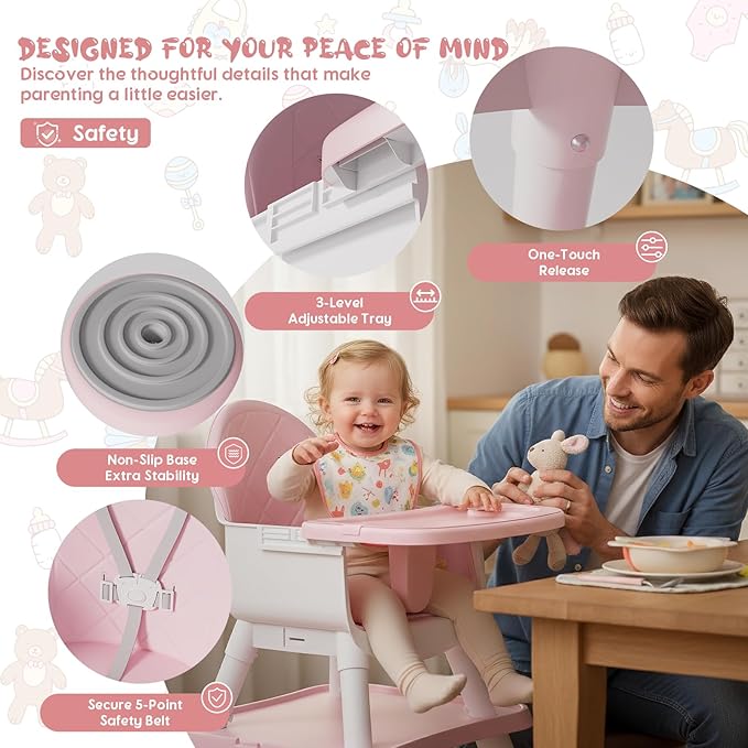 6 in 1 Baby High Chair, Convertible Highchair for Babies and Toddlers (Pink)