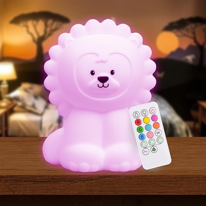 Lumipets Remote Control Silicone Night Light for Kids - Lion Design with 9 Soft Colors & Sleep Timer - Rechargeable, Battery-Operated Lamp for Bedroom | Baby Nursery, Toddler, Girls, Boys