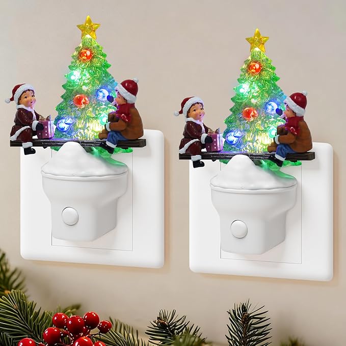2 Pack Christmas Night Light Plug into Wall Nightlight with USB/Outlet Options, Christmas Tree Decorative Night Light for Bedroom Kitchen Nursery Holiday Decorations Gifts (Seesaw)