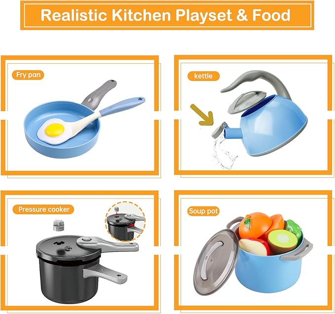 105Pcs Kids Kitchen Toy Accessories, Toddler Pretend BBQ Camping Cooking Playset, Play Pots, Pans, Utensils Cookware Toys, Play Food Set, Vegetables, Learning Gift for Girls Boys