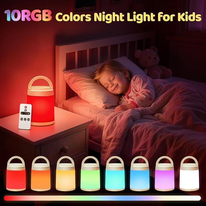 Night Light for Kids,10 Colors+8 Dimmable Baby Night Lights for Nursery Lamp,Portable+Remote+Touch Nightlight for Kids Room,1800mAh Rechargeable night light for Breastfeeding,Red Toddler Night Light