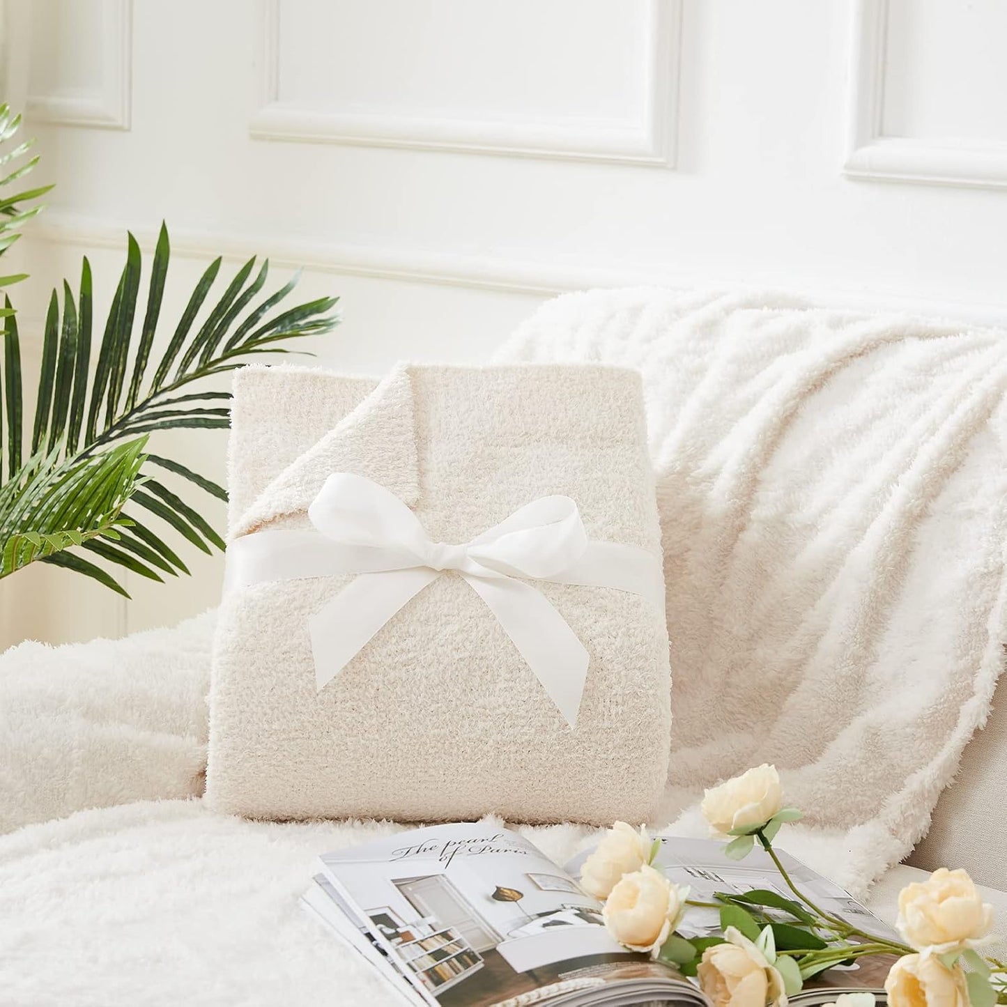 CYMULA Super Soft Knit Throw Blanket Twin Size Cream White-Lightweight Plush Fuzzy Fluffy Warm Cozy Blankets and Throws for Sofa Bed All Season Use