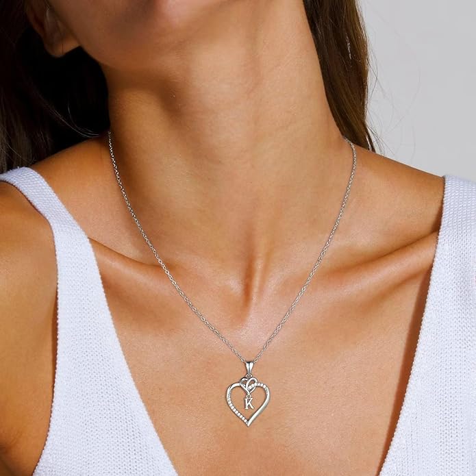 STORUP Heart Initial Necklaces for Women Girls, 14K Gold Plated Cubic Zirconia Heart Initial A-Z Pendant Necklace Dainty Heart Necklaces for Women Teen Girl Jewelry Birthday Gifts