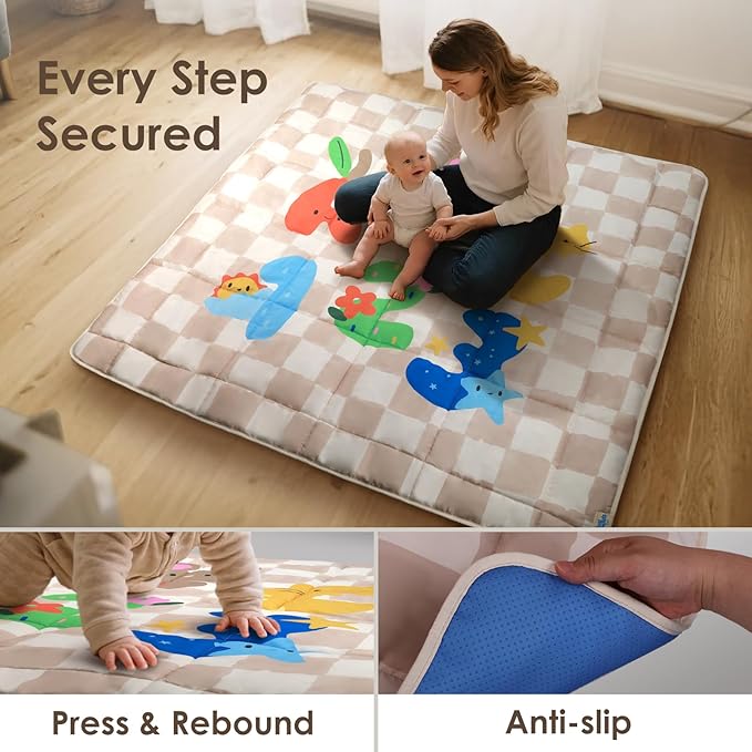 Baby Play Mat, Foldable Play Mats for Floor, 50x50 Inches Crawling Mat for Playpen with Anti-Slip Bottom, Machine Washable, Thicken Padding Foam Playmats for Babies and Toddlers (Sand Checks)