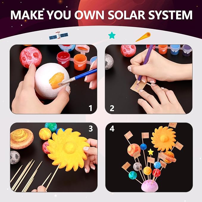 Ayfjovs 56PCS Solar System Foam Balls Crafts for Kids School Projects to Learn Planets, Includes 20pcs Mixed Sizes Polystyrene Balls, Color Pigments, Flags, Painting Brushes, Bamboo Sticks for DIY