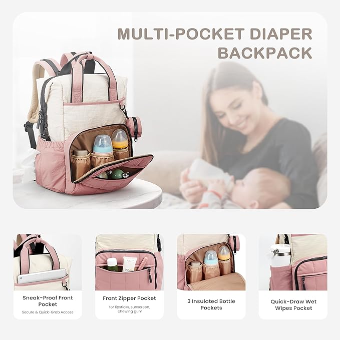 VONAL Diaper Bag Backpack, Lightweight Baby Diaper Bags, Travel Large Diaper Bag with Changing Station, Pink Diaper Backpack for Boys Girls Newborn with Insulated Pockets, Stroller Straps