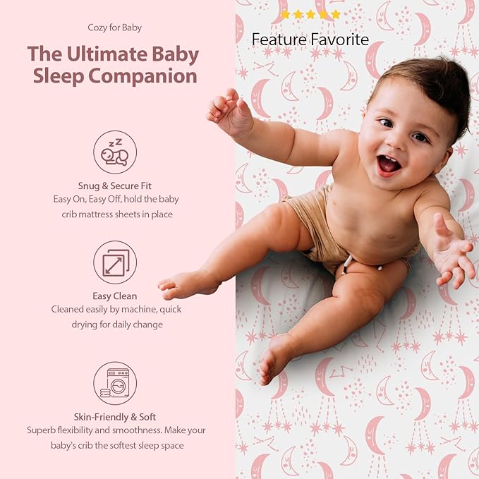 Baby Bassinet Sheets Girl Boy, Fitted Bassinet Sheet Set 3 Pack Bassinet Mattress Sheets Universal Fit for Rectangle, Round, Oval, Hourglass Mattress, Soft Breathable Pink White Moon