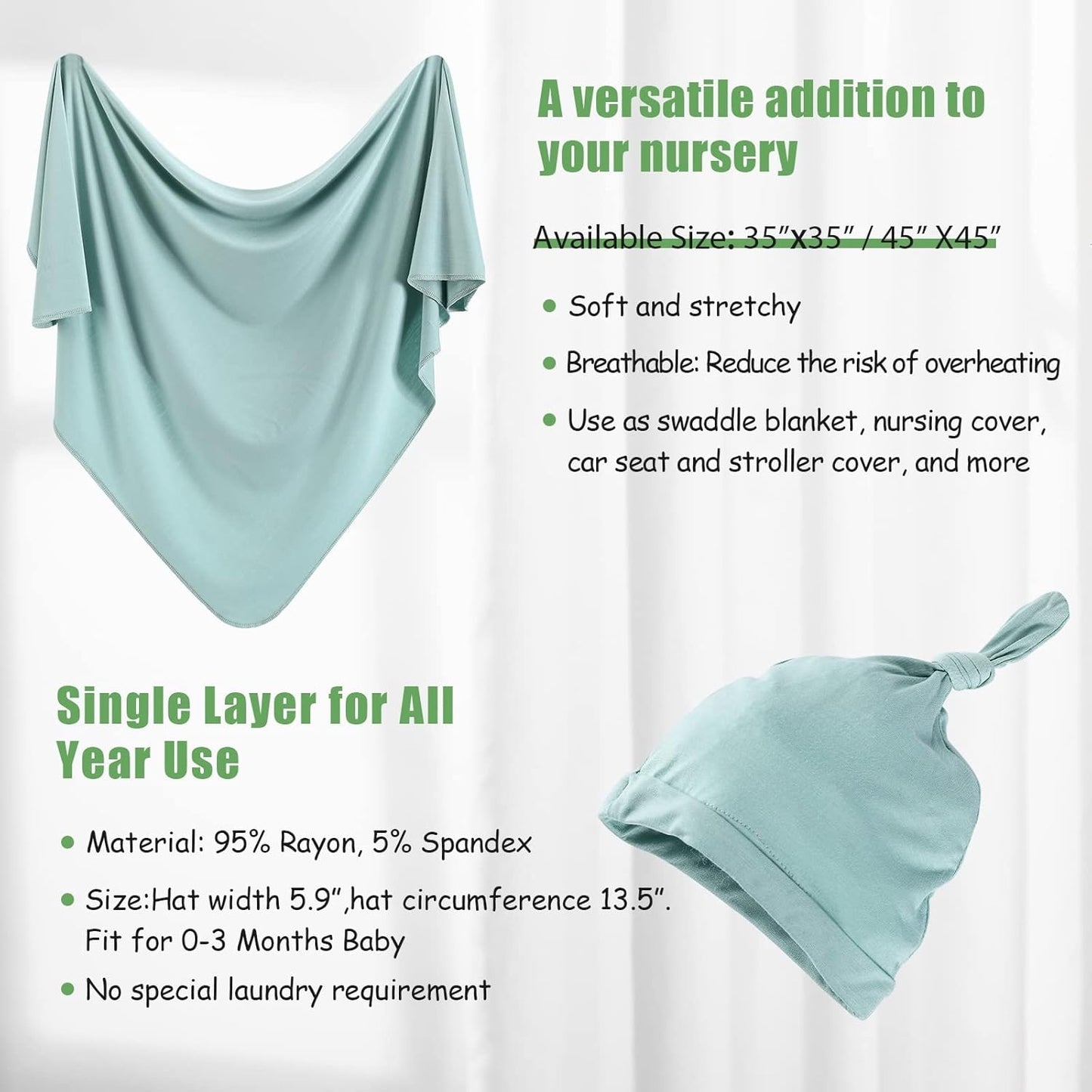 iEvolve Cotton Knitted Baby Swaddle Blanket with Hat Headband Set Newborn Swaddle Wrap Receiving Blankets for Baby Girl Boy 45" x 45"(LightGreen)