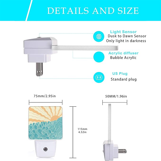 Waves Night Light,Sea Landscape Sun Plug-in Night Lights with Dusk-to-Dawn Sensor for Women/Girls/Boys Gift Sleep Friendly lamp for Bedroom, Bathroom and Living Room,0.5W