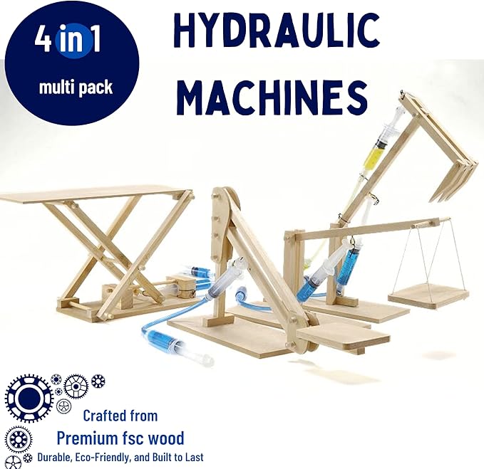 PATHFINDERS STEM Kit- Hydraulics 4-in-1– Build 4 Hydraulic Machines | Engineering Model Kit for Kids 8+ | Educational Science Toy | Learn Physics & Mechanics | Wooden DIY Project