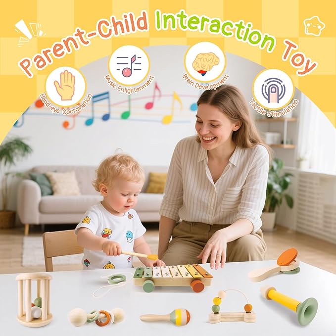 7pcs Musical Instruments Set - 18M+ Montessori Toys 2 3 4 Neutral Colors Wooden Toys for Toddlers 3-5 Percussion Instruments Modern Boho Xylophone Sensory Gifts Boys Girls