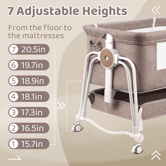 4 in 1 Baby Bassinet Bedside Sleeper, Rocking Baby Crib with Lockable Wheels, Storage, Mosquito Net and Matress Included, 7 Level Adjustable Bedside Bassinet for Baby Newborn(Khaki)