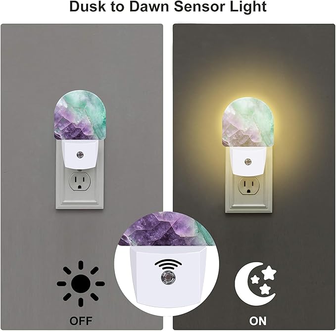 Purple Green Fluorite Marble Night Light, Luxury Rock Gemstone Dusk to Dawn Night Light Plug in,0.5w Energy Saving Sleep Friendly NightLight for Kids Boys Girls Home Decor