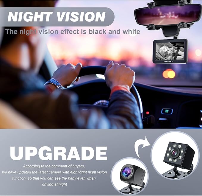 Baby Mirror for Car, ATOROBROS Baby Car Camera for Rear-Facing Seat with 4.3'' HD Display, Upgrade 360° Rearview Mirror Display Bracket, Easy and Safe to See Baby while Driving