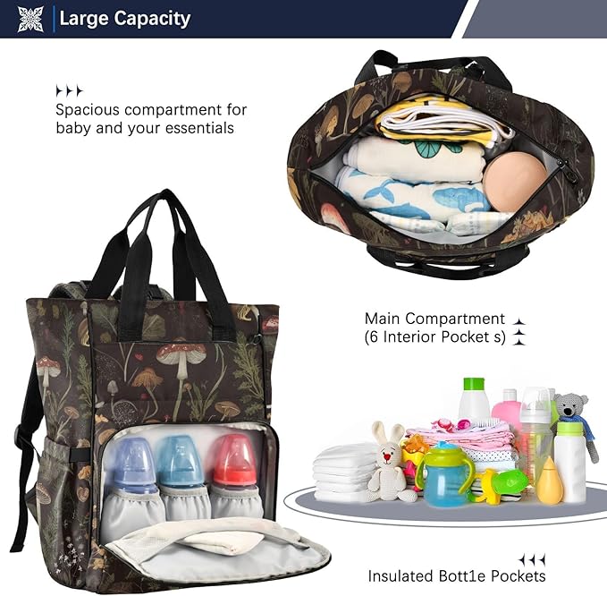 Diaper Bag Backpack Retro Mushroom Forest Travel Diaper Bags for Women, 10L Functional Baby Changing Bag with Insulted Pockets, Stroller Straps