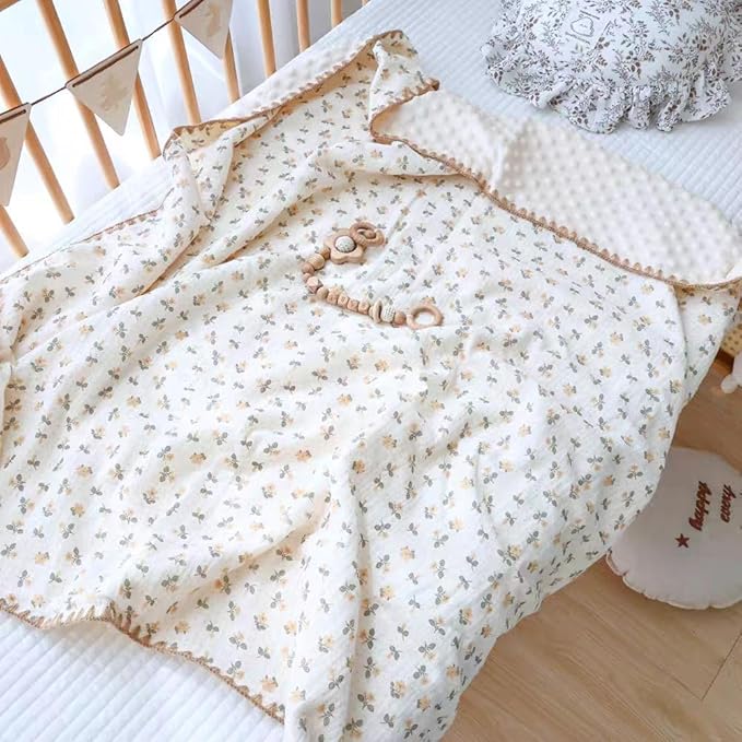 Baby Swaddel Blanket Cotton Muslin Thick Bath Towel Dotted Backing Double Layer Receiving Blanket 40"x40" (Little Pink Flower)