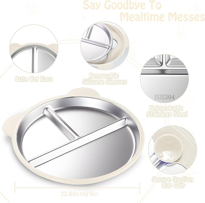 Stainless Steel Kids Plate with Suction Set of 4, 9″ Toddler Divided Plates with Removable Non Slip Silicone Sleeves, Dishwasher Safe Dinnerware, Light Pink, Baby Blue, Avocado Green, Beige