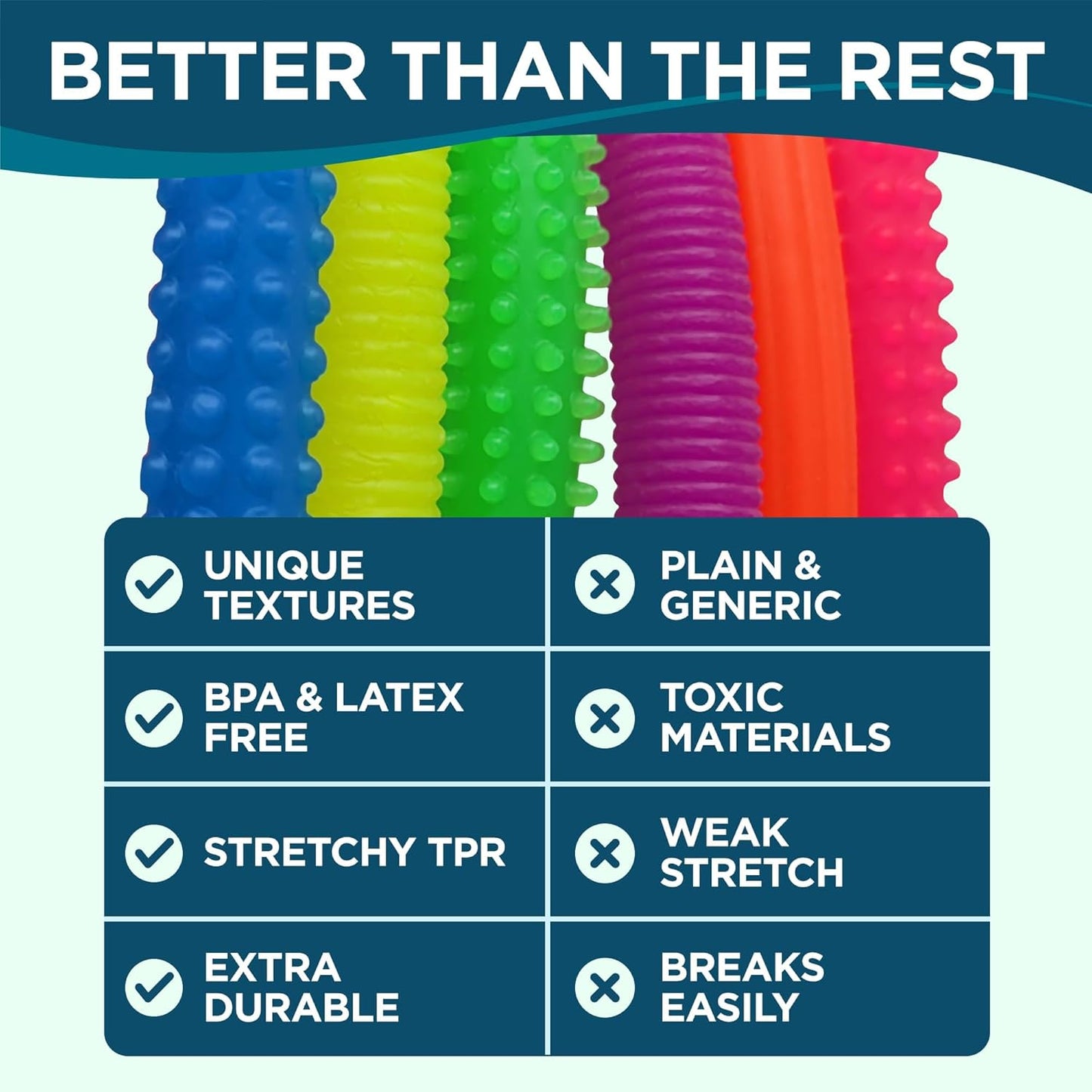 BUNMO Stretchy Strings - Sensory Toys for Toddlers 1-3 - Stimulating & Addictive Sensory Toys for Kids with Autism - Fidget Toy for Anxiety & Stress Relief - Hours of Fun for Kids - Textured 6pk