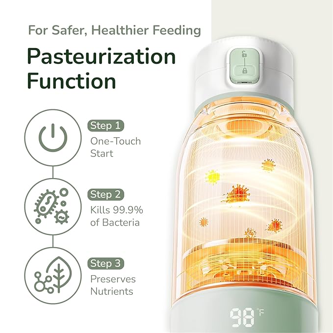 Portable Milk Warmer for Travel, Pasteurization Mode, 17 oz Capacity, 3 Min Fast Heating & Long Battery Life, Baby Bottle Warmer for Breast Milk and Water On-The-Go, Meets Full Day Feeding Needs