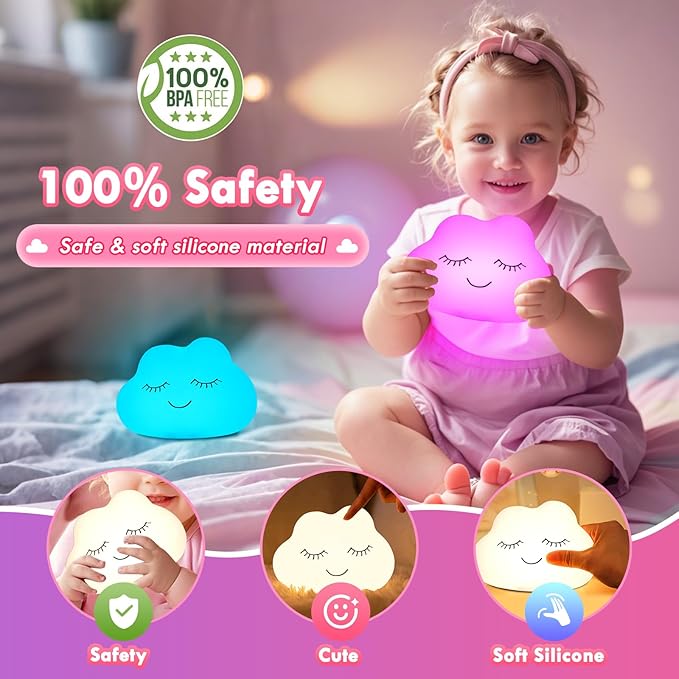 Night Light for Kids, 7 Colors Soft Silicone Kids Night Light with 3 Level Dimmable, Rechargeable Anti-glare Nursery Night Light with Warm White & Multicolor, Squishy Cute Cloud Bedside Touch Lamp