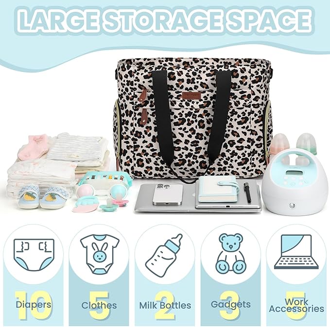 Diaper Bag Tote for Working Mom, Large Travel Diaper Tote for Mom and Dad with 14 Inch Laptop Sleeve, Mommy Maternity Travel Baby Bag for Boys and Girls, Leopard
